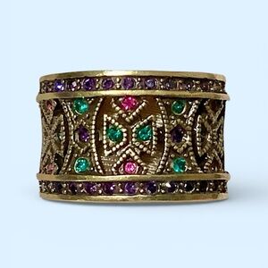 Heidi Daus Multicolor Swarovski Crystal Wide Band Ring. Art Deco. Sz 9.5 - NWOT